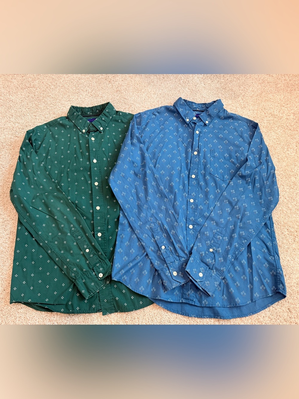 Aeropostale Men's Button-Down Shirt Pair — Green & Blue Patterned Cotton
